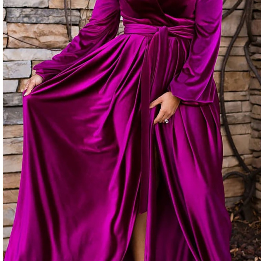 Elegant V-Neck Gown velour gown with Bishop Sleeves Romantic